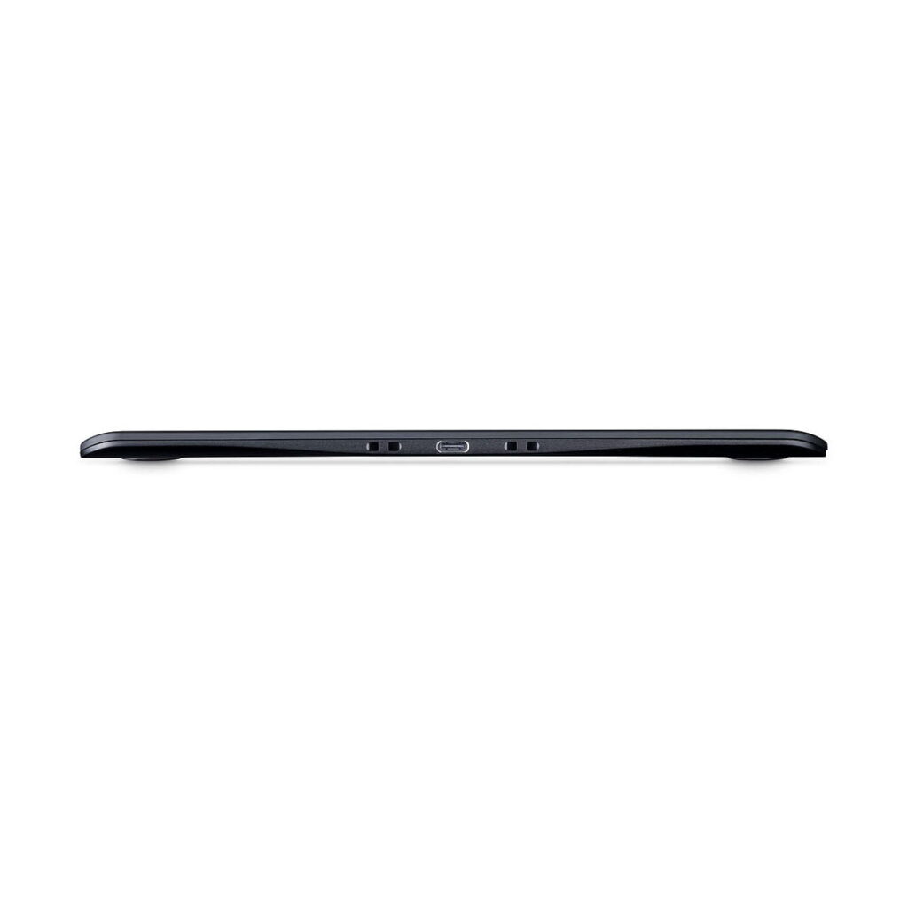 Wacom Intuos Pro Medium Piirtolevyn sivukuva korostaa sen ohutta, mustaa profiilia, jossa on keskellä latausportti ja kaksi pientä kaiutinaukkoa reunalla.