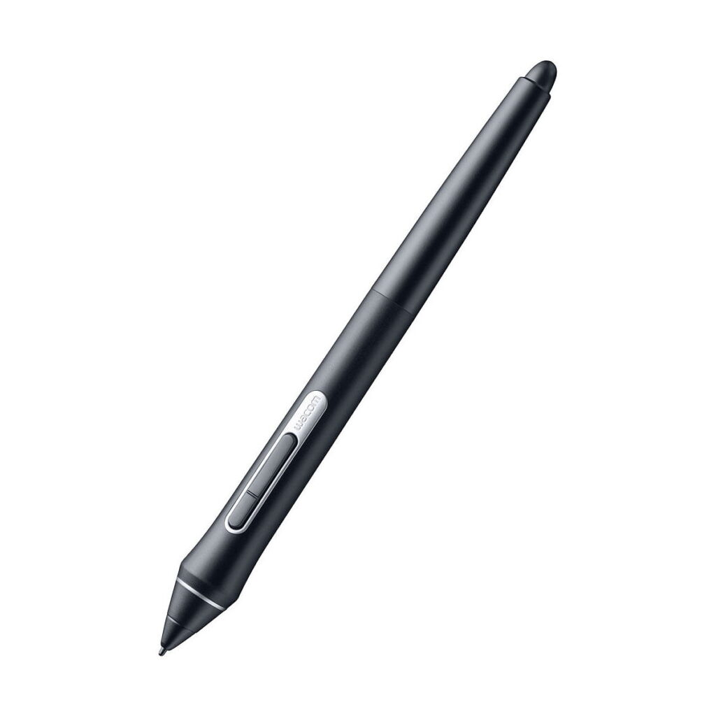 Valkoisella pohjalla näkyy musta digitaalinen stylus-kynä, jossa on kaksi sivupainiketta ja joka on suunniteltu käytettäväksi Wacom Intuos Pro Medium Piirtolevy -grafiikkataulun kanssa.