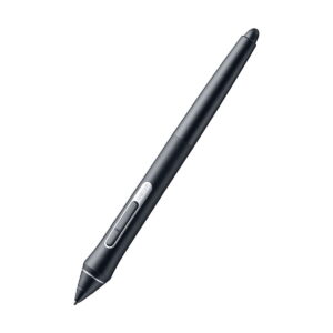 Valkoisella pohjalla näkyy musta digitaalinen stylus-kynä, jossa on kaksi sivupainiketta ja joka on suunniteltu käytettäväksi Wacom Intuos Pro Medium Piirtolevy -grafiikkataulun kanssa.