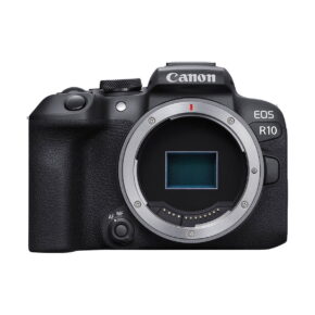 Canon_EOS_R10_001 The black Canon EOS R10 system camera body is visible from the front without the lens, and the camera sensor is visible inside the lens.