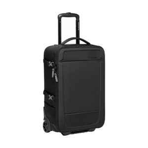 Manfrotto_Rolling_Bag_Advanced_III_001 Manfrotto Rolling Bag Advanced III on musta matkalaukku, jossa on sisäänvedettävä kahva, kaksi pyörää, vetoketjullinen etutasku ja sivusoljet.