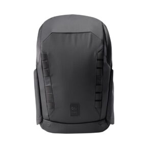 Peter-McKinnon-Everyday-Daypack-bundle-05 The Gomatic Peter McKinnon Everyday Daypack - Bundle with 1 large cube is a stylish black backpack with a minimalist design, vertical lines and a small rectangular logo patch near the centre bottom against a white background.