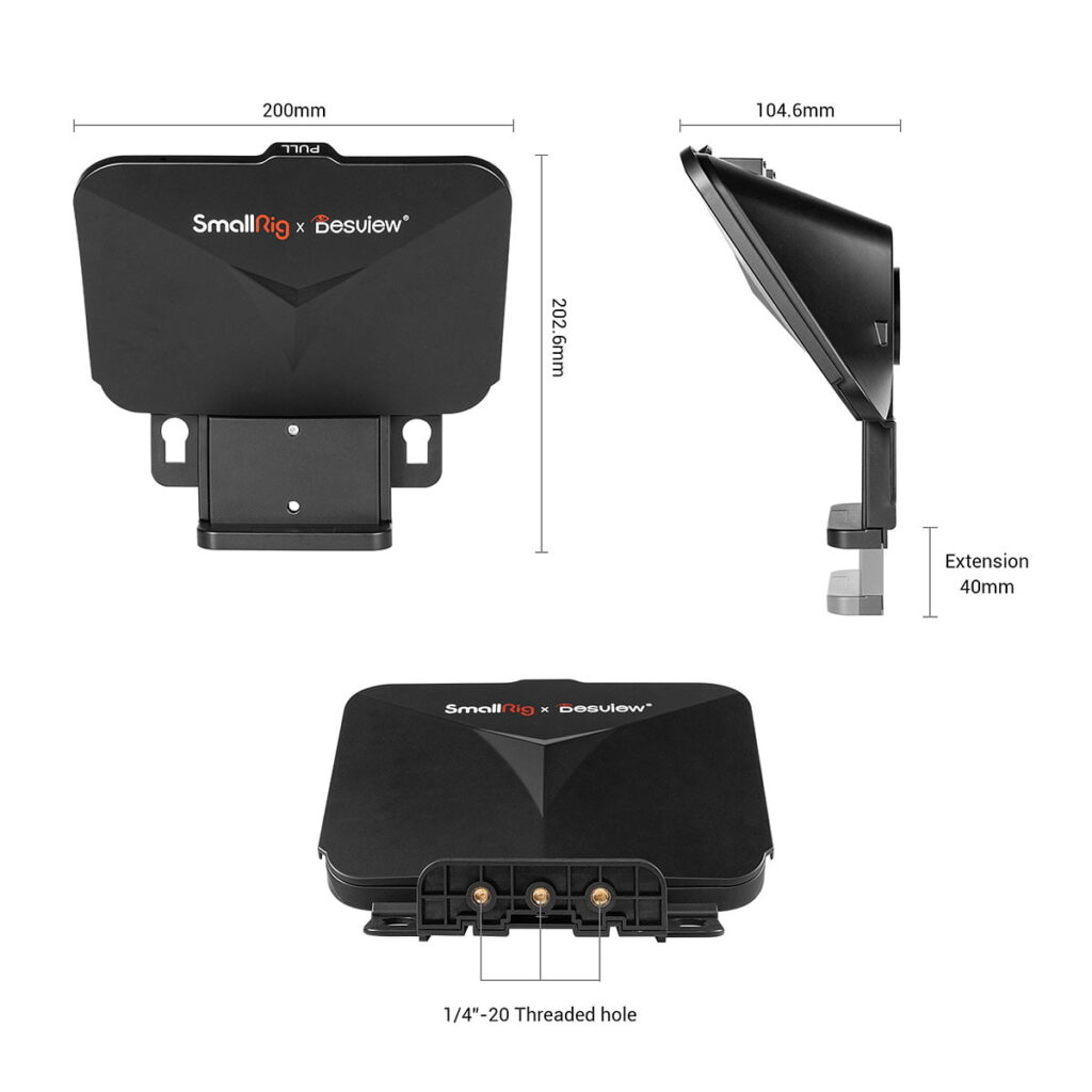 SmallRig_3374_Portable_Tablet_Smartphone_DSLR_Teleprompteri_003 Musta SmallRig 3374 Portable Tablet/Smartphone/DSLR Teleprompter näytetään etu-, sivu- ja pohjanäkymässä ja siinä on merkitty mitat: 200 mm leveys, 202,6 mm korkeus, 104,6 mm syvyys, 40 mm:n jatke ja 1/4-20 kierteitetty reikä pohjassa.