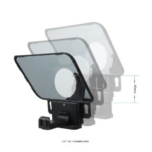 SmallRig_3374_Portable_Tablet_Smartphone_DSLR_Teleprompteri_004 Läpinäkyvä suorakaiteen muotoinen kilpi, jossa on pyöreä leikkaus, on asennettu mustalle säädettävälle jalustalle, joka on esitetty kolmessa asennossa 40 mm:n pystysuuntaisen säädön havainnollistamiseksi. Alla: "SmallRig 3374 Portable Tablet/Smartphone/DSLR Teleprompteri". 1/4-20 kierteinen reikä.
