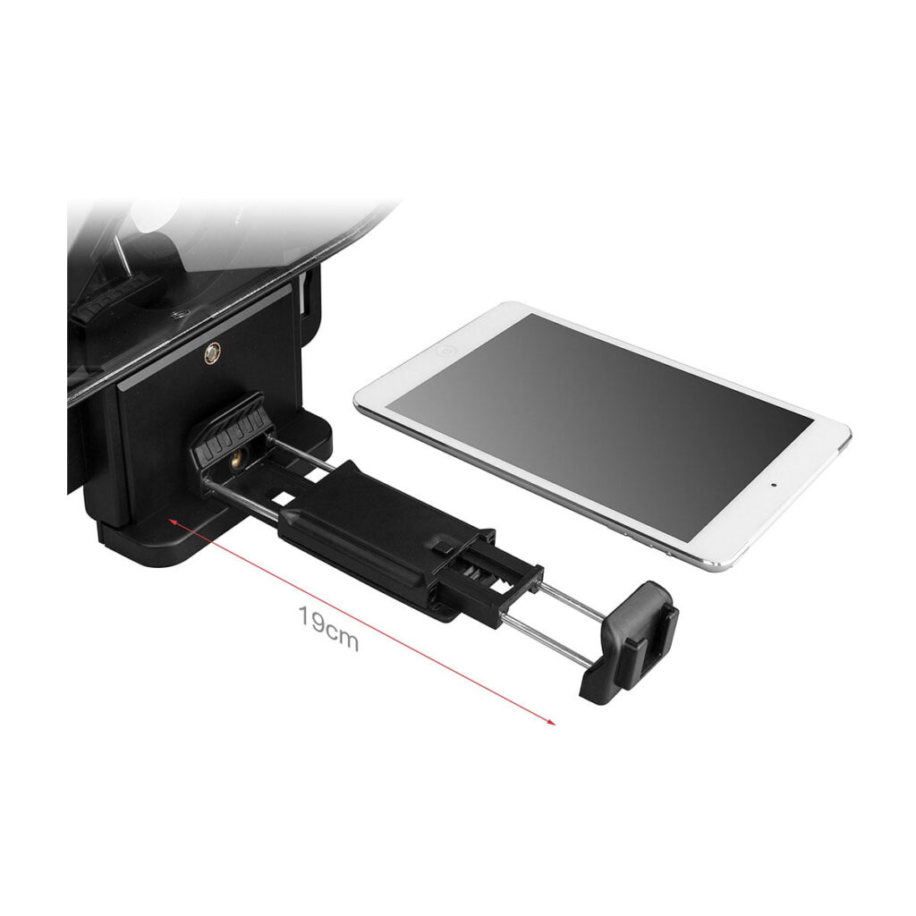 SmallRig_3374_Portable_Tablet_Smartphone_DSLR_Teleprompteri_005 SmallRig 3374 Portable Teleprompter -laitteessa, joka on kuvassa mustalla pidikkeellä ja metallisilla jatkotangoilla, on säädettävä varsi, joka ulottuu 19 cm:iin, ja kuvassa on laite, jonka vieressä on tabletti kokoa varten.