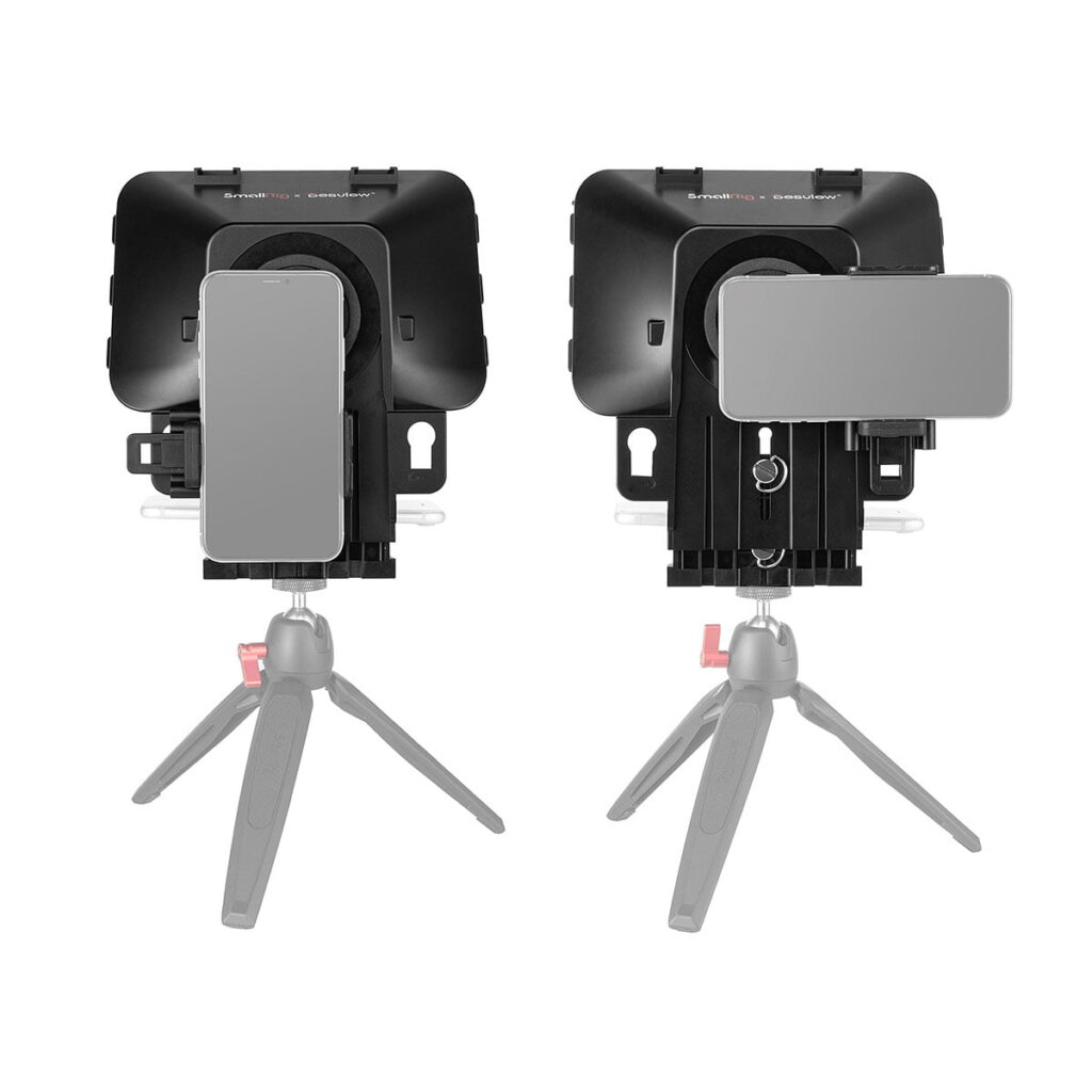 SmallRig_3374_Portable_Tablet_Smartphone_DSLR_Teleprompteri_008 Kaksi identtistä SmallRig 3374 Portable Teleprompteria, joihin on kiinnitetty älypuhelimet ja jotka on asennettu pieniin harmaisiin jalustoihin; toinen älypuhelin on sijoitettu pystysuoraan ja toinen vaakasuoraan.