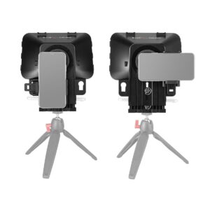 SmallRig_3374_Portable_Tablet_Smartphone_DSLR_Teleprompteri_008 Kaksi identtistä SmallRig 3374 Portable Teleprompteria, joihin on kiinnitetty älypuhelimet ja jotka on asennettu pieniin harmaisiin jalustoihin; toinen älypuhelin on sijoitettu pystysuoraan ja toinen vaakasuoraan.