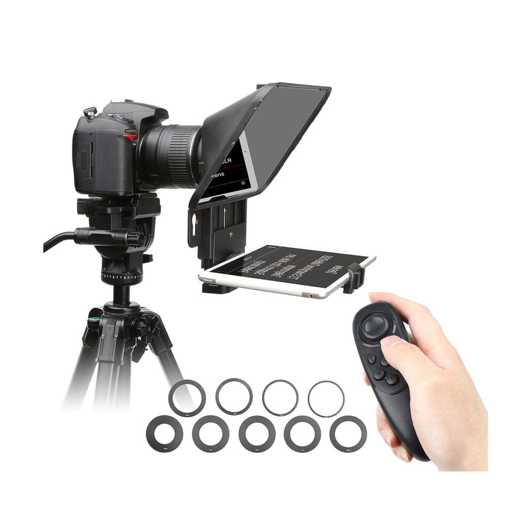 SmallRig_3374_Portable_Tablet_Smartphone_DSLR_Teleprompteri_009 SmallRig 3374 Portable Tablet/Smartphone/DSLR Teleprompter on asennettu kameraan ja jalustaan, ja se näyttää tekstiä, kun käsi pitää kaukosäädintä ja useita pyöreitä sovitinrenkaita on sijoitettu alapuolelle.