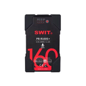 Swit PB-R160S+ 160Wh Heavy Duty IP54 V-mount -akku, jossa on 14,4V, 11,1Ah kapasiteetti, musta kotelo, punainen ja valkoinen teksti sekä merkkivalot päällä.