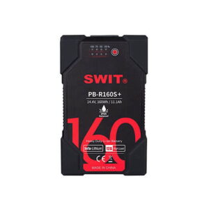 Swit PB-R160S+ 160Wh Heavy Duty IP54 V-mount -akku, jossa on 14,4V, 11,1Ah kapasiteetti, musta kotelo, punainen ja valkoinen teksti sekä merkkivalot päällä.