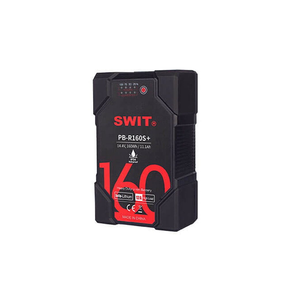 Mustassa Swit PB-R160S+ 160Wh Heavy Duty IP54 V-mount -akussa, jossa on punainen ja valkoinen merkintä, on kulmikkaat reunat ja yläosan näyttöpaneeli.