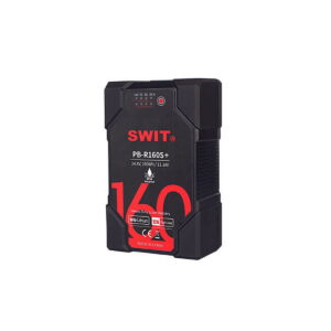 Mustassa Swit PB-R160S+ 160Wh Heavy Duty IP54 V-mount -akussa, jossa on punainen ja valkoinen merkintä, on kulmikkaat reunat ja yläosan näyttöpaneeli.