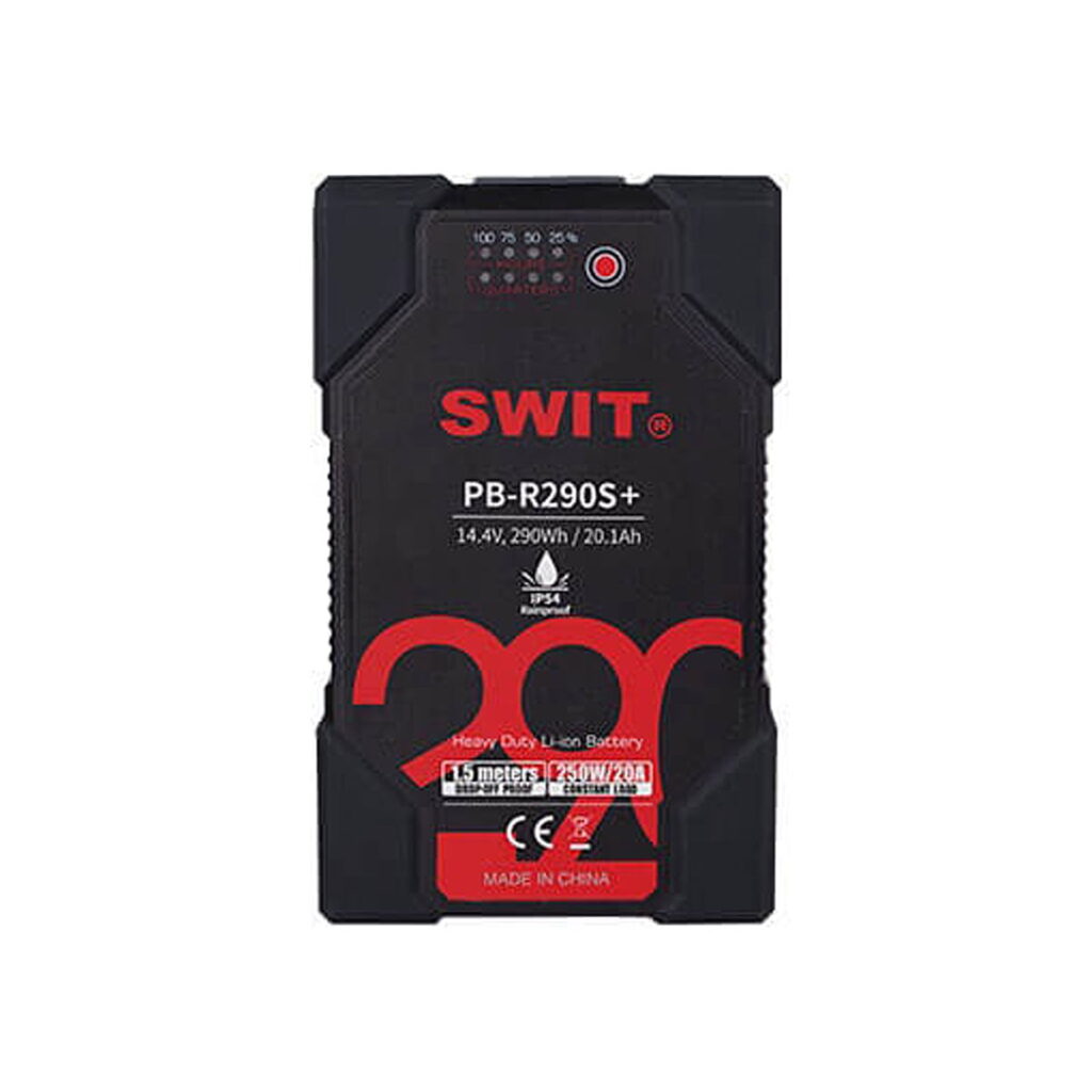 Swit_290Wh_PB-R290S_001 Swit PB-R290S+ 290Wh Heavy Duty IP54 V-mount -akun etukuva, jossa näkyy 14,4V, 20,1Ah, merkkivalot, IP54-luokitus ja "Made in China" -merkintä pohjassa.