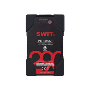Swit_290Wh_PB-R290S_001 Swit PB-R290S+ 290Wh Heavy Duty IP54 V-mount battery front view showing 14.4V, 20.1Ah, indicator lights, IP54 rating and "Made in China" label on bottom.
