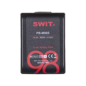 Musta Swit PB-M98S 98Wh V-lock Mini Akku, jossa on punainen tuotemerkki ja tekniset tiedot: 98Wh, 6,8Ah; numero 98 on näkyvästi alareunassa.