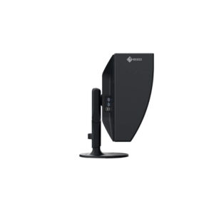 eizo_cg2700s_01 Musta Eizo 27" ColorEdge CG2700S -monitori näkyy sivukuvassa jalustallaan, ja sen ohut profiili ja kaksi USB-porttia korostuvat sivussa valkoista taustaa vasten.