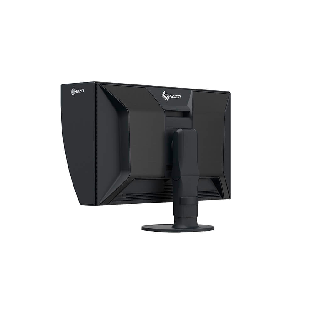 eizo_cg2700s_02 Musta Eizo 27" ColorEdge CG2700S -monitori takaa vasemmalta katsottuna, jossa on säädettävä jalusta, kiinnitetty huppu, mattapintainen viimeistely ja takana näkyvä EIZO-logo.