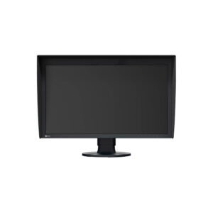 eizo_cg2700s_03 Eizo 27" ColorEdge CG2700S on musta tietokonemonitori, jossa on suorakulmainen näyttö, häikäisemättömät sivupaneelit ja pyöreä jalusta.