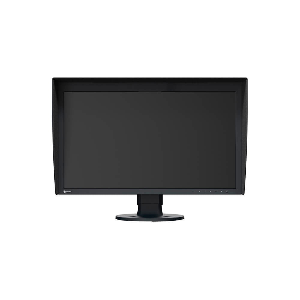 eizo_cg2700s_03 Eizo 27" ColorEdge CG2700S on musta tietokonemonitori, jossa on suorakulmainen näyttö, häikäisemättömät sivupaneelit ja pyöreä jalusta.