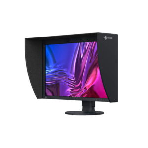 eizo_cg2700s_04 Eizo 27" ColorEdge CG2700S, musta näyttö, jossa on kuvaruutuhuppu, näyttää elinvoimaisen abstraktin kuvan vaaleanpunaisen ja violetin sävyissä, eristettynä valkoiselle taustalle.
