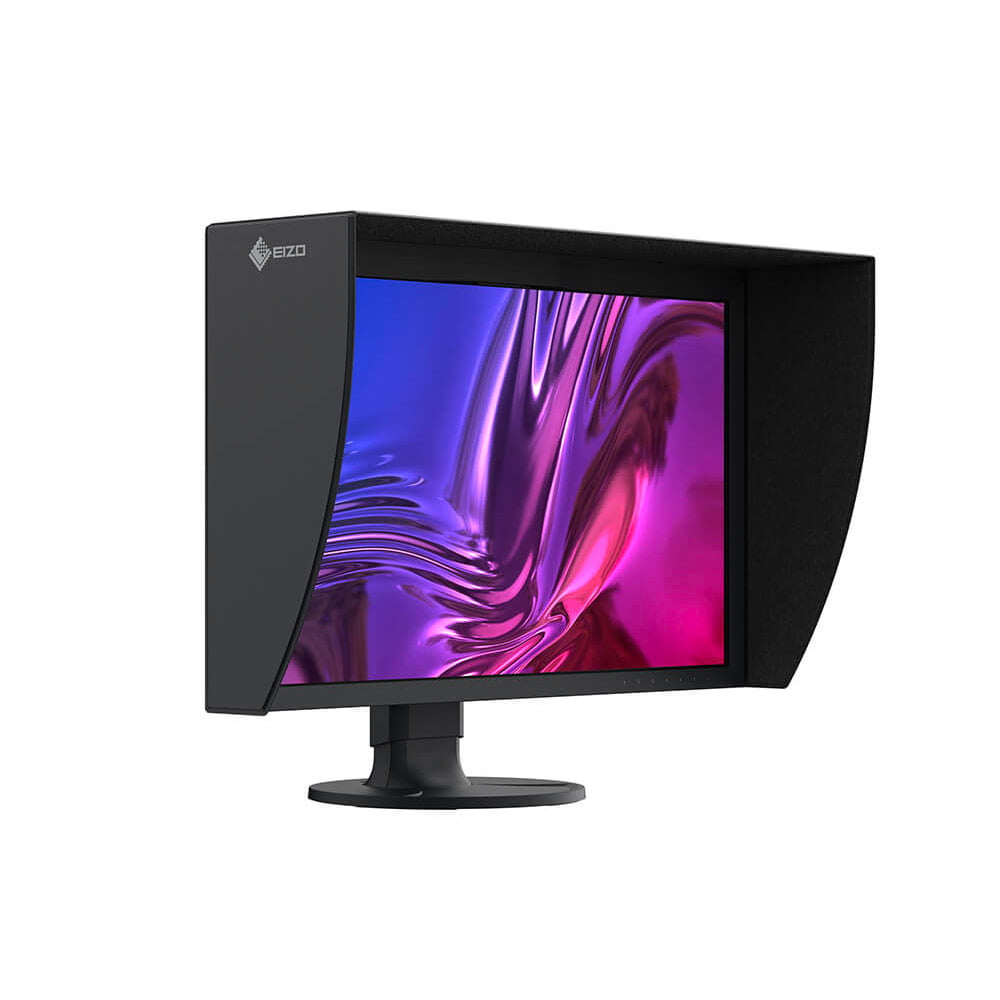 eizo_cg2700s_05 Eizo 27" ColorEdge CG2700S -monitori, jossa on musta huppu, näyttää näytöllään eloisan abstraktin vaaleanpunaisen ja violetin kuvan. Se seisoo pyöreällä jalustalla valkoista taustaa vasten.