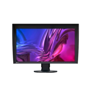 Eizo 27" ColorEdge CG2700S -näytössä on elinvoimainen näyttö, jossa on abstrakti kuvio sinisen, violetin ja vaaleanpunaisen sävyissä, ja sitä täydentää yläosaan ja sivuille kiinnitetty musta huppu.