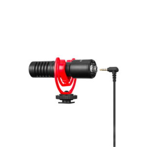 BOya-BY-MM1+ The Boya BY-MM1+ Condenser Microphone is a compact black shotgun microphone with a red shock mount and 3.5mm audio cable, designed for cameras or mobile devices, pictured with white background.