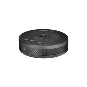 Musta, pyöreä Boya BY-BMM400 mikrofoni/kaiutin, jossa on yläpainikkeet ja sivuportit, mukaan lukien USB- ja kuulokeliitännät, valkoisella pohjalla.