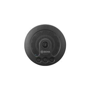 Boya-BY-BMM400 A round, black Boya BY-BMM400 microphone/speaker, featuring a microphone button in the centre, a speaker grille and four control buttons at the bottom, is shown against a white background.