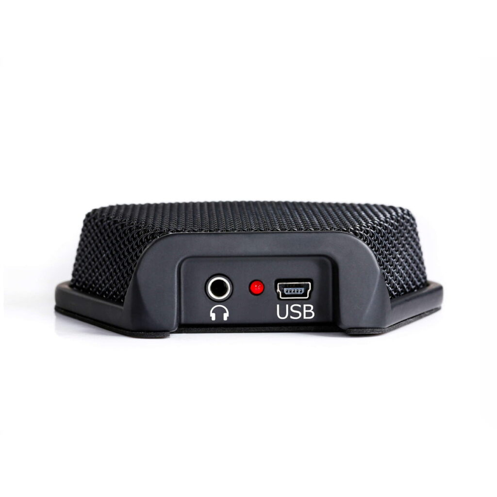 Boya-BY-K4-1 Boya BY-MC2 USB Konferenssimikrofonin lähikuvassa näkyy kuulokeliitäntä, punainen merkkivalo ja USB-portti etupaneelissa, ja sen päällä on verkkosäleikkö.