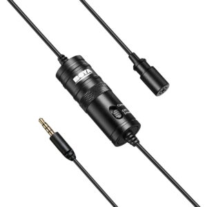 Boya-BY-M1-1 Boya BY-M1 Lavalier 3,5 mm mikrofoni on musta, kameroiden ja älypuhelimien kanssa yhteensopiva, linjassa olevalla ohjauskytkimellä varustettu ympärisäteilevä mikrofoni.