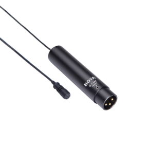 Boya-BY-M4C Black Boya BY-M4C Lavalier XLR microphone and cable with a small condenser microphone at one end and a 3-pin XLR connector at the other, against a white background.
