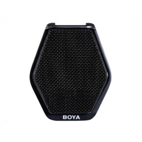 Boya-BY-MC2 Musta, kuusikulmainen Boya BY-MC2 USB Konferenssimikrofoni, jossa on verkkosäleikkö, näkyy valkoista taustaa vasten. BOYA-tuotemerkki näkyy valkoisena laitteen alaosassa.