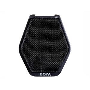 Boya-BY-MC2 Musta, kuusikulmainen Boya BY-MC2 USB Konferenssimikrofoni, jossa on verkkosäleikkö, näkyy valkoista taustaa vasten. BOYA-tuotemerkki näkyy valkoisena laitteen alaosassa.