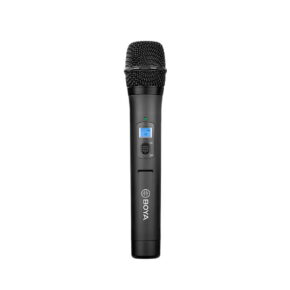Boya-BY-WHM8-Pro Black BOYA BY-WHM8 Pro wireless handheld microphone with a mesh grille, a blue power button and the BOYA logo at the bottom, pictured against a white background.