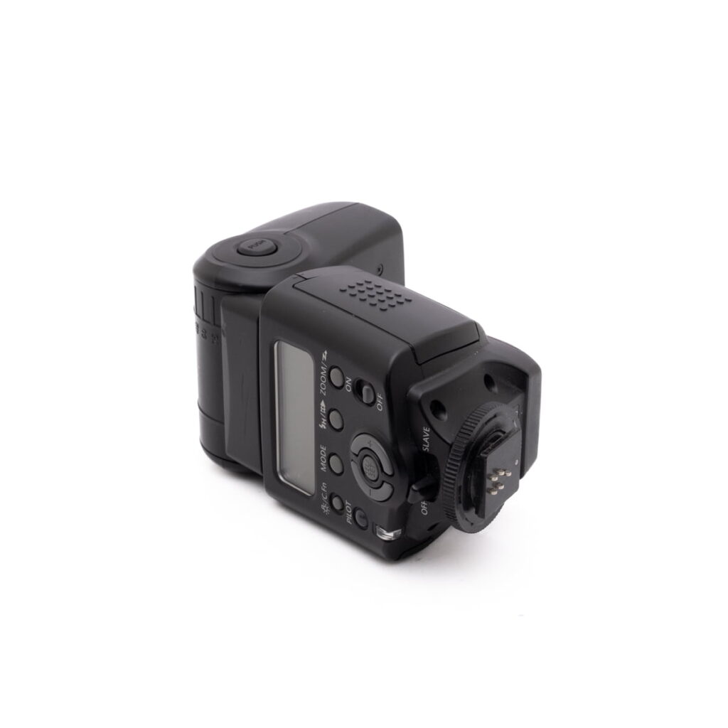 Canon Speedelite 430ex-3 Canon Speedlite 430EX - Käytetty musta ulkoinen kamerasalama, jossa on painikkeet, näyttö ja kiinnitysteline, näkyy valkoisella pohjalla.