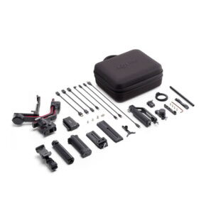 DJI RS3 Pro Combo The DJI RS 3 Pro Combo gimbal is neatly displayed, with the gimbal itself, cables, carrying case, battery, tripod, mounting plates, screws, tools and accessories arranged in rows against a white background.