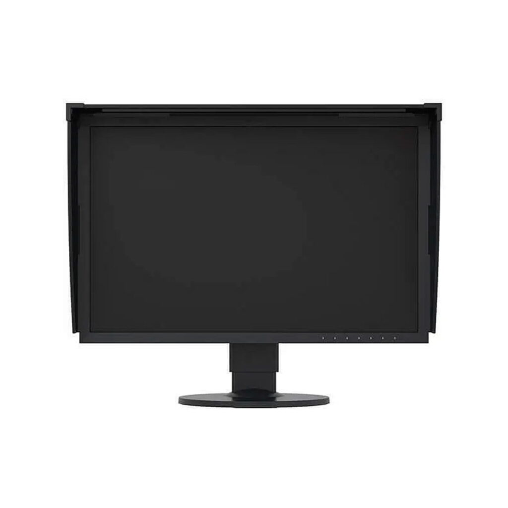 Eizo-ColorEdge-CG2420-03 Eizo 24" ColorEdge CG2420-BK on musta näyttö, jossa on suorakulmainen näyttö ja pyöreä jalusta. Siinä on huppu yläreunassa ja sivuilla häikäisyn vähentämiseksi sekä useita painikkeita oikeassa alareunassa.
