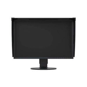 Eizo-ColorEdge-CG2420-03 Eizo 24" ColorEdge CG2420-BK on musta näyttö, jossa on suorakulmainen näyttö ja pyöreä jalusta. Siinä on huppu yläreunassa ja sivuilla häikäisyn vähentämiseksi sekä useita painikkeita oikeassa alareunassa.