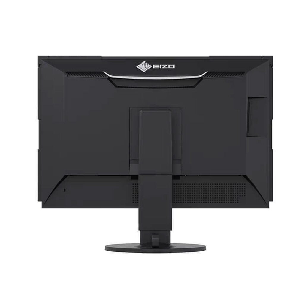 Eizo-ColorEdge-CG2420-05 Eizo 24" ColorEdge CG2420-BK -näytön takanäkymä mustana, jossa on suorakulmainen jalusta, tuuletettu takapaneeli ja Eizo-logo keskellä ylhäällä.
