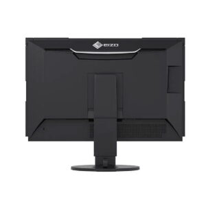 Eizo-ColorEdge-CG2420-05 Eizo 24" ColorEdge CG2420-BK -näytön takanäkymä mustana, jossa on suorakulmainen jalusta, tuuletettu takapaneeli ja Eizo-logo keskellä ylhäällä.