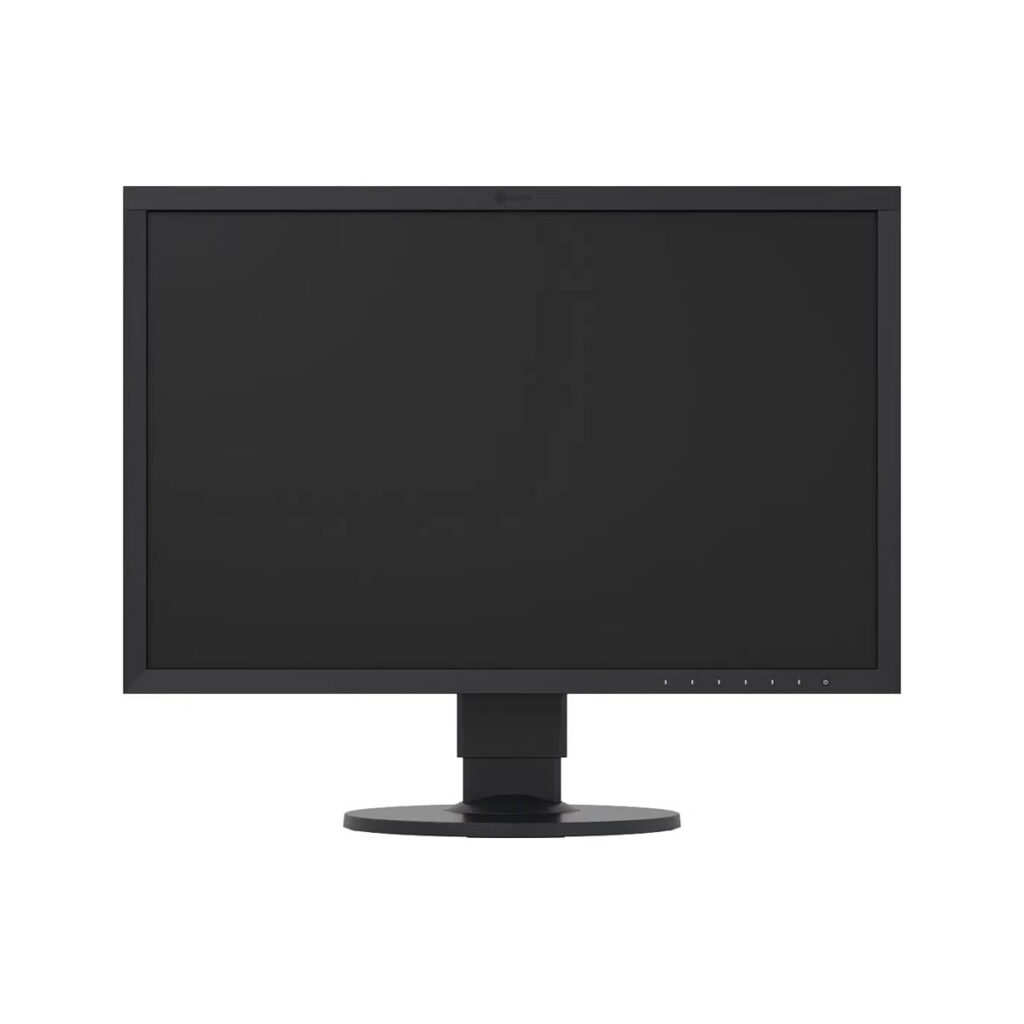 Eizo-ColorEdge-CS2420-02 Eizo 24" ColorEdge CS2420-BK on musta litteä tietokonemonitori, jossa on suorakulmainen näyttö, ohut kehys ja pyöreä jalusta, kuvassa valkoista taustaa vasten näytön ollessa sammutettuna.