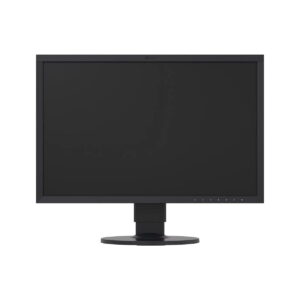 Eizo-ColorEdge-CS2420-02 Eizo 24" ColorEdge CS2420-BK on musta litteä tietokonemonitori, jossa on suorakulmainen näyttö, ohut kehys ja pyöreä jalusta, kuvassa valkoista taustaa vasten näytön ollessa sammutettuna.