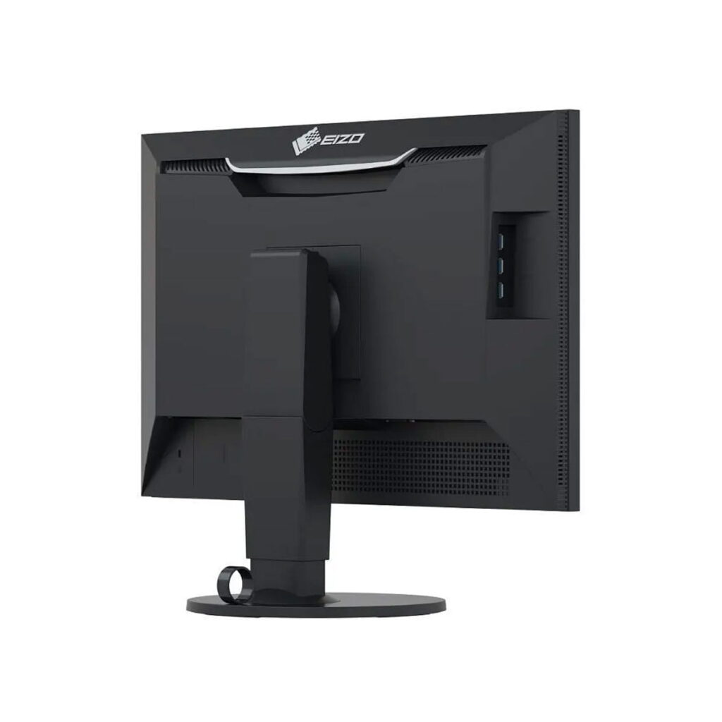Eizo-ColorEdge-CS2420-03 Eizo 24" ColorEdge CS2420-BK -tietokonemonitori mustana näkyy takaa, ja siinä on säädettävä jalusta, sivuliitäntäportit ja tuuletusaukot, kaikki valkoista taustaa vasten.