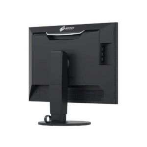 Eizo-ColorEdge-CS2420-03 Eizo 24" ColorEdge CS2420-BK -tietokonemonitori mustana näkyy takaa, ja siinä on säädettävä jalusta, sivuliitäntäportit ja tuuletusaukot, kaikki valkoista taustaa vasten.
