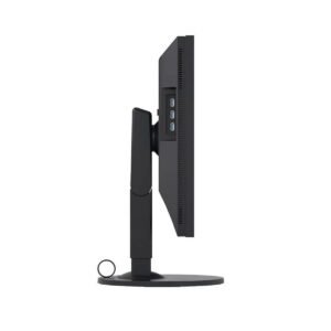 Eizo-ColorEdge-CS2420-04 Eizo 24" ColorEdge CS2420-BK -monitorissa, joka on kuvassa mustana sivukuvassa, on ohut profiili, tukeva jalusta ja kaksi näkyvää USB-porttia takapaneelissa. Tausta on pelkkä valkoinen.