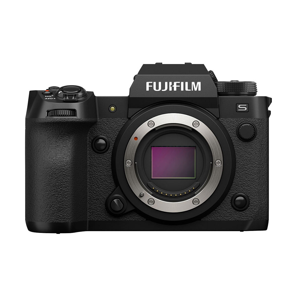 Fujifilm_X-H2S_001 Front view of the body of the Fujifilm X-H2S system camera without lens, with the image sensor and controls against a white background.