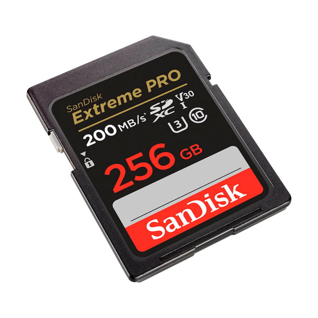 Sandisk-Extreme-Pro-256GB-200MBs-2 The Sandisk SDXC 256GB Extreme Pro 200MB/s memory card is a black memory card with red, white and gold accents and various speed and class markings.