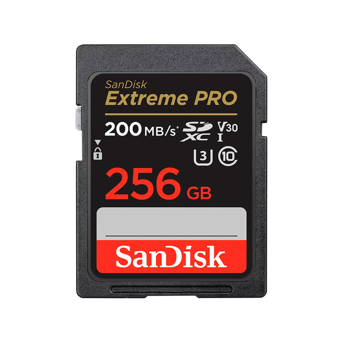 Sandisk SDXC 256GB Extreme Pro 200MB/s -muistikortissa on 256GB kapasiteetti, jopa 200MB/s lukunopeus ja sen etupuolella on useita suorituskyky- ja sertifiointikuvakkeita.