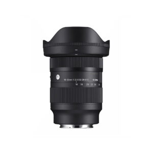 Sigma-16-28mm-f2.8-DG-DN-C-1 The Sigma 16-28mm f/2.8 DG DN Contemporary lens (Sony E), black, stands upright on a white background, with a wide hood and clear focal length and aperture markings on the barrel.